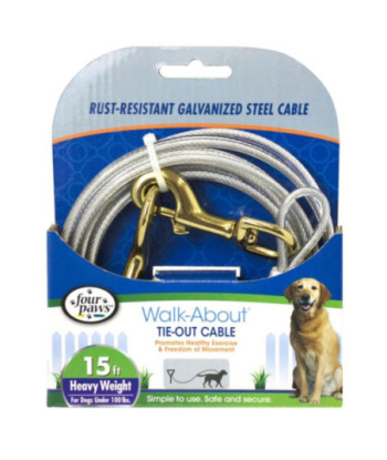 Four Paws Dog Tie Out Cable - Heavy Weight - Black - 15' Long Cable