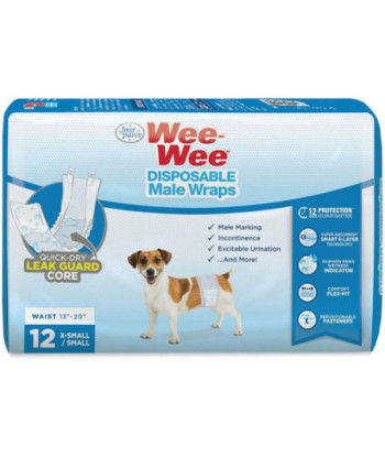 Four Paws Wee Wee Disposable Male Dog Wraps - X-Small/Small - 12 Pack - (Fits Waists up to 15in. )