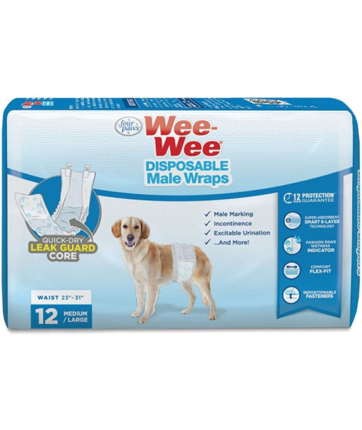Four Paws Wee Wee Disposable Male Dog Wraps - Medium/Large - 12 Pack - (Fits Waists 15in. -29.5in. )