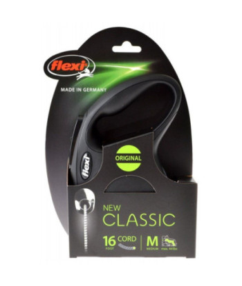 Flexi New Classic Retractable Cord Leash - Black - Medium - 16' Cord (Pets up to 44 lbs)