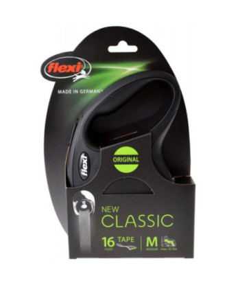 Flexi New Classic Retractable Tape Leash - Black - Medium - 16' Tape (Pets up to 55 lbs)