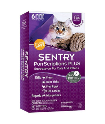 Sentry PurrScriptions Plus Flea & Tick Control for Cats & Kittens - Cats Over 5 lbs - 6 Month Supply