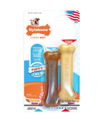 Nylabone Puppy Chew Petite Twin Pack - Chicken & Peanut Butter Nylon Chews - 3.75in. Chews-2 Pack-(For Puppies up to 15 lbs)